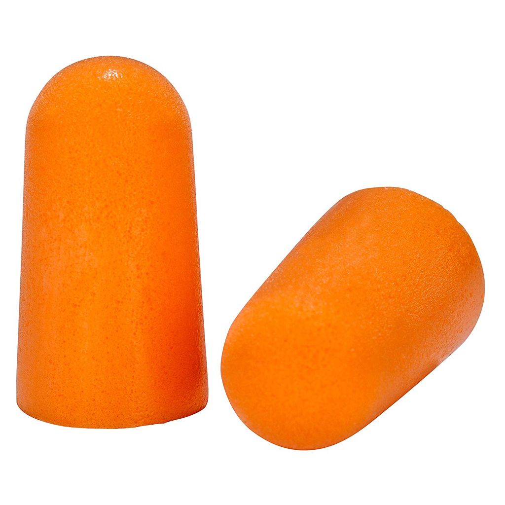 Pair of 3M 1100 uncorded orange foam earplugs showing tapered design on a solid white background