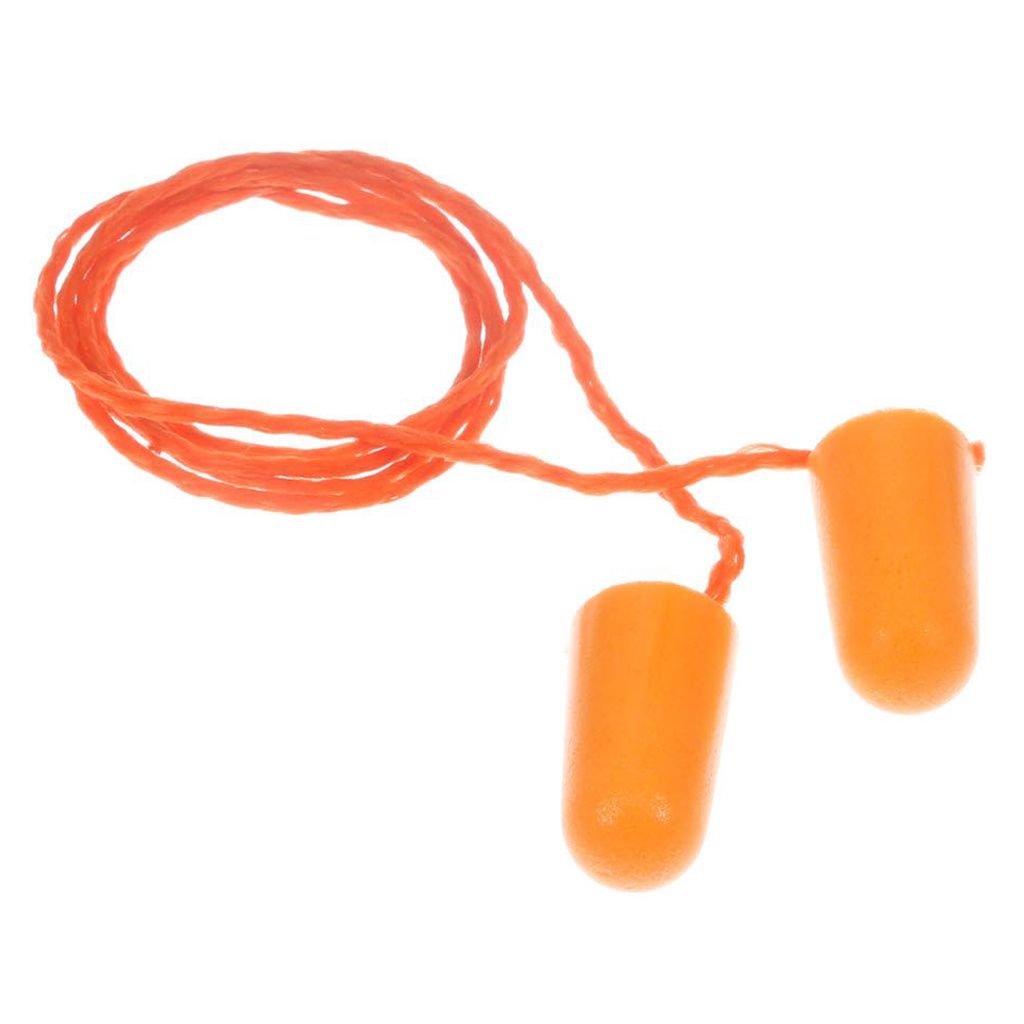 Pair of 3M 1110 corded orange foam earplugs with attached bright orange cord on a plain white background