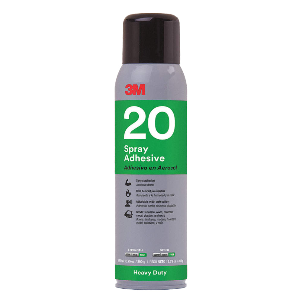3M 20 heavy duty clear spray adhesive in a 13.75 oz 390g grey and green aerosol can, high strength fast speed with adjustable web pattern, heat and moisture resistant, bonds laminate, wood, concrete, metal, and plastics