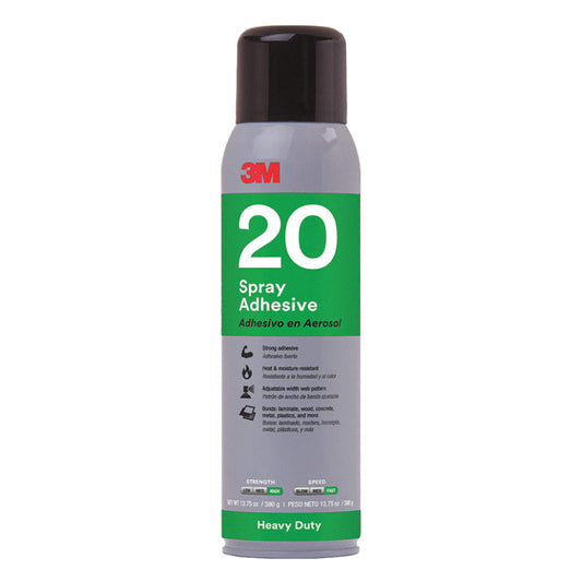 3M 20 heavy duty clear spray adhesive in a 13.75 oz 390g grey and green aerosol can, high strength fast speed with adjustable web pattern, heat and moisture resistant, bonds laminate, wood, concrete, metal, and plastics
