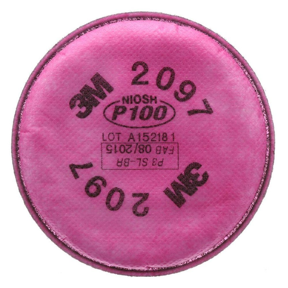 3M 2097 NIOSH P100 pink respirator replacement filter back view showing model number and certification
