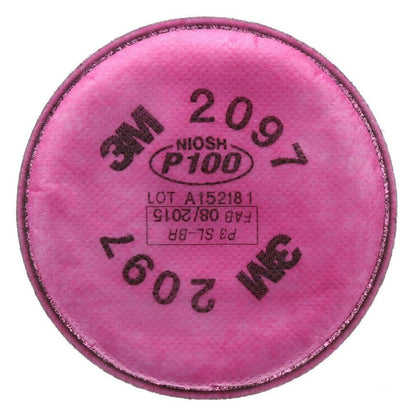 3M 2097 NIOSH P100 pink respirator replacement filter back view showing model number and certification

