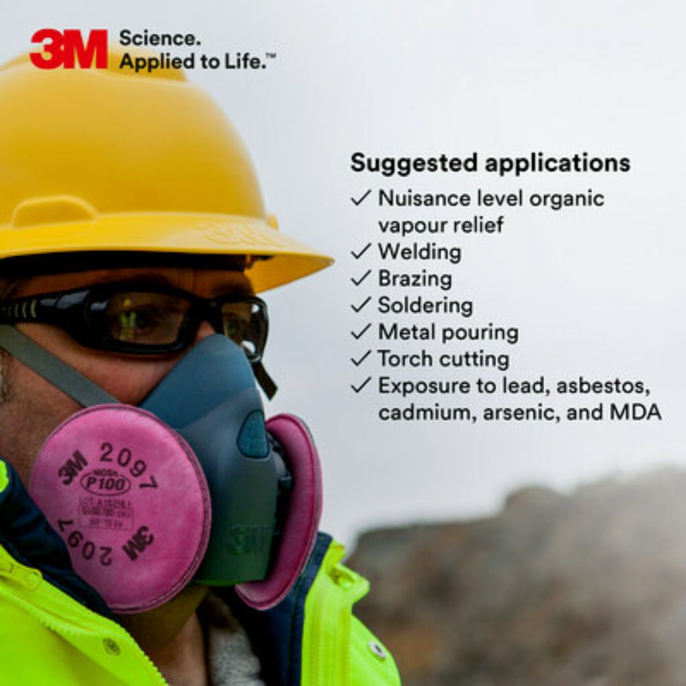  Worker wearing 3M 2097 P100 respirator filter mask for welding brazing soldering and lead exposure protection
