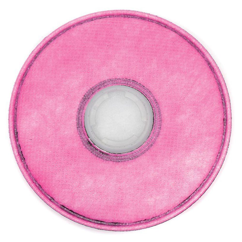 3M 2097 P100 pink respirator filter disc front view with center connector on white background
