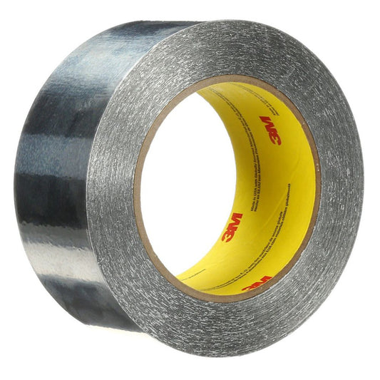 Roll of 3M 425 linerless silver aluminum foil tape, 12mm wide, showcasing its reflective metal exterior and yellow 3M branded inner core.