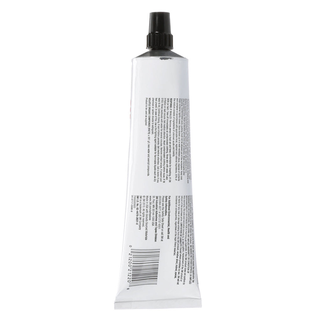Back view of 3M 4475 Industrial Plastic Adhesive tube showing usage instructions, safety warnings, barcode, and 3M Industrial Adhesives and Tapes Division contact information