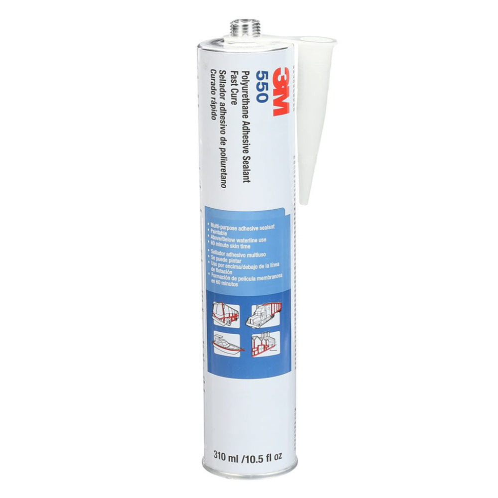 3M 550 grey fast cure polyurethane adhesive sealant in a 310ml 10.5 fl oz caulk cartridge, paintable multi-purpose formula with 60-minute skin time for above and below waterline use on marine, transportation, and construction applications