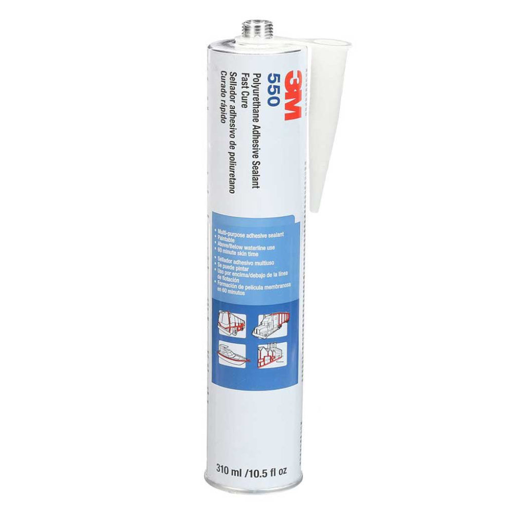 3M 550 white fast cure polyurethane adhesive sealant in a 310ml 10.5 fl oz caulk cartridge, paintable multi-purpose formula with 60-minute skin time for above and below waterline use on marine, transportation, and construction applications