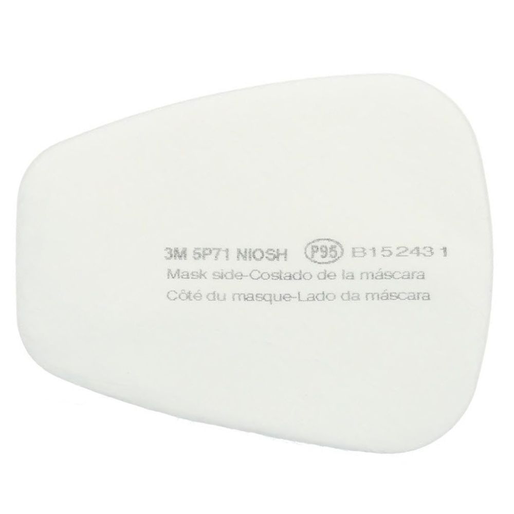 Front view of a white 3M 5P71 P95 particulate prefilter pad showing printed NIOSH approval and mask side indicator text