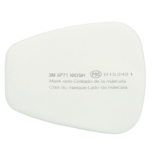 Front view of a white 3M 5P71 P95 particulate prefilter pad showing printed NIOSH approval and mask side indicator text
