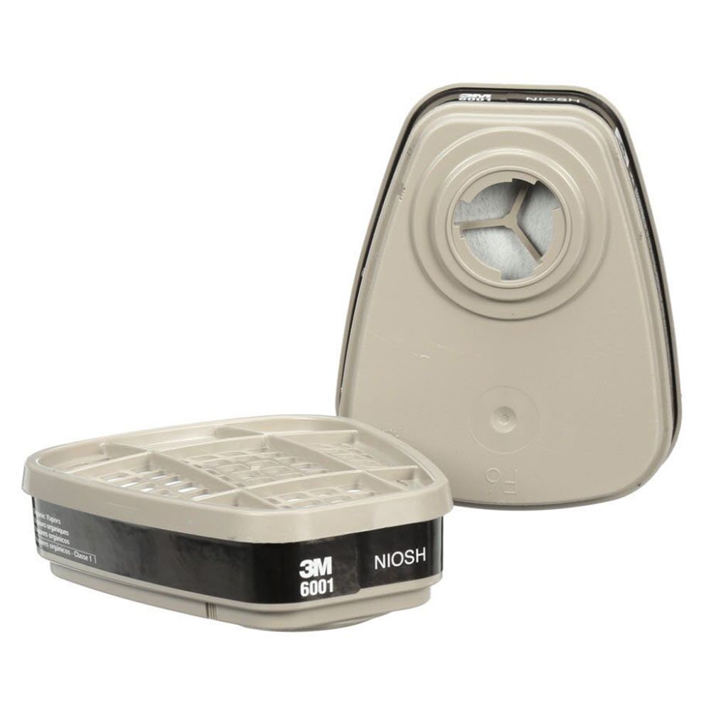 3M 6001 NIOSH organic vapour respirator cartridge filter front and back view pair