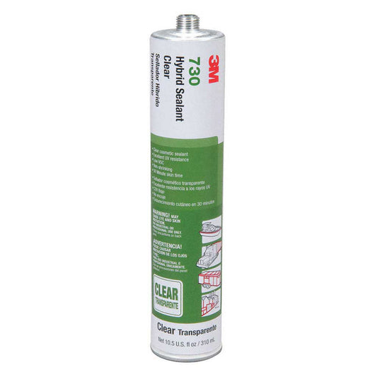 3M 730 clear hybrid sealant in a 310ml 10.5 fl oz cartridge with green label, low VOC non-shrinking cosmetic sealant with UV resistance and 30-minute skin time for marine, transportation, and construction applications