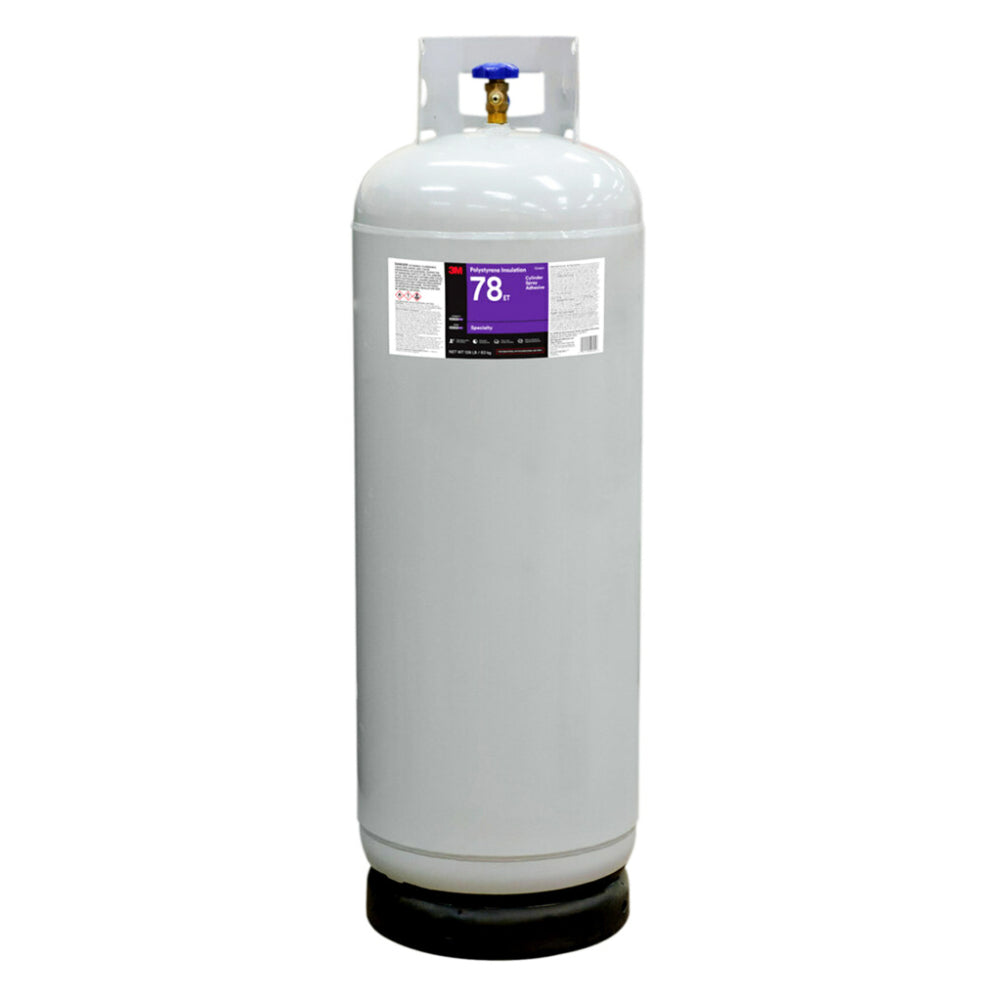 3M Scotch-Weld 78ET clear polystyrene foam insulation cylinder spray adhesive in a large 139 lb 63 kg pressurized industrial cylinder with brass valve and purple specialty label, for foam board and insulation bonding