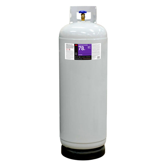 3M Scotch-Weld 78ET clear polystyrene foam insulation cylinder spray adhesive in a large 139 lb 63 kg pressurized industrial cylinder with brass valve and purple specialty label, for foam board and insulation bonding