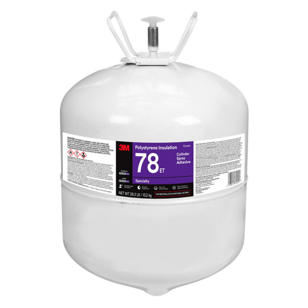 3M Scotch-Weld 78ET green polystyrene foam insulation cylinder spray adhesive in a 29.3 lb 13.2 kg pressurized canister with white plastic applicator valve and purple specialty label, for industrial foam board bonding