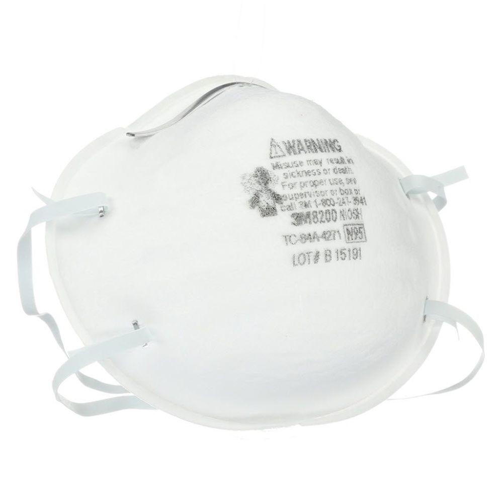 Front three-quarter view of a white 3M 8200 N95 particulate respirator mask with stapled white headbands and printed NIOSH details