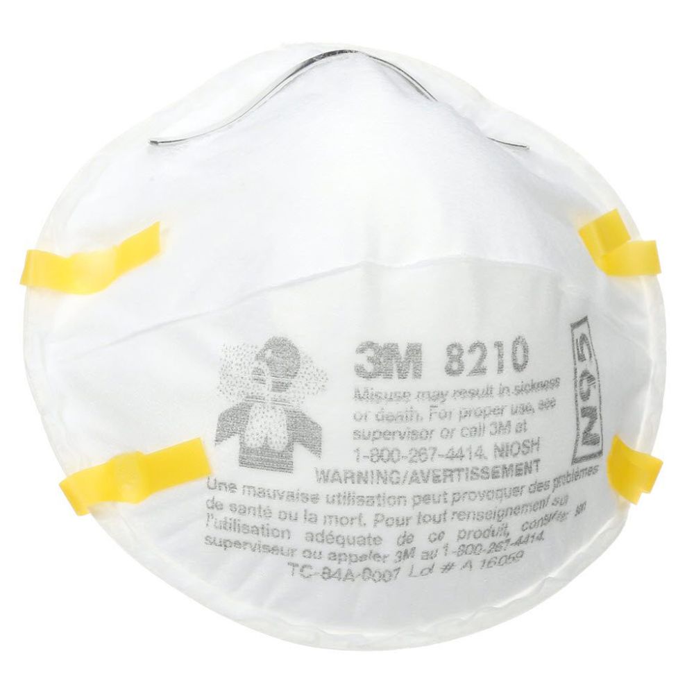 Front view of a white 3M 8210 N95 particulate respirator mask showing the adjustable nose clip and printed NIOSH warning details