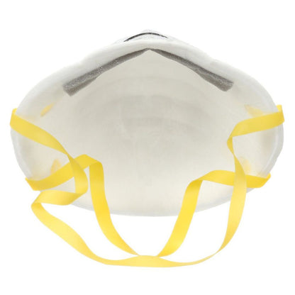 Inside view of a white 3M 8210 N95 particulate respirator highlighting the gray foam nose cushion and yellow elastic headbands