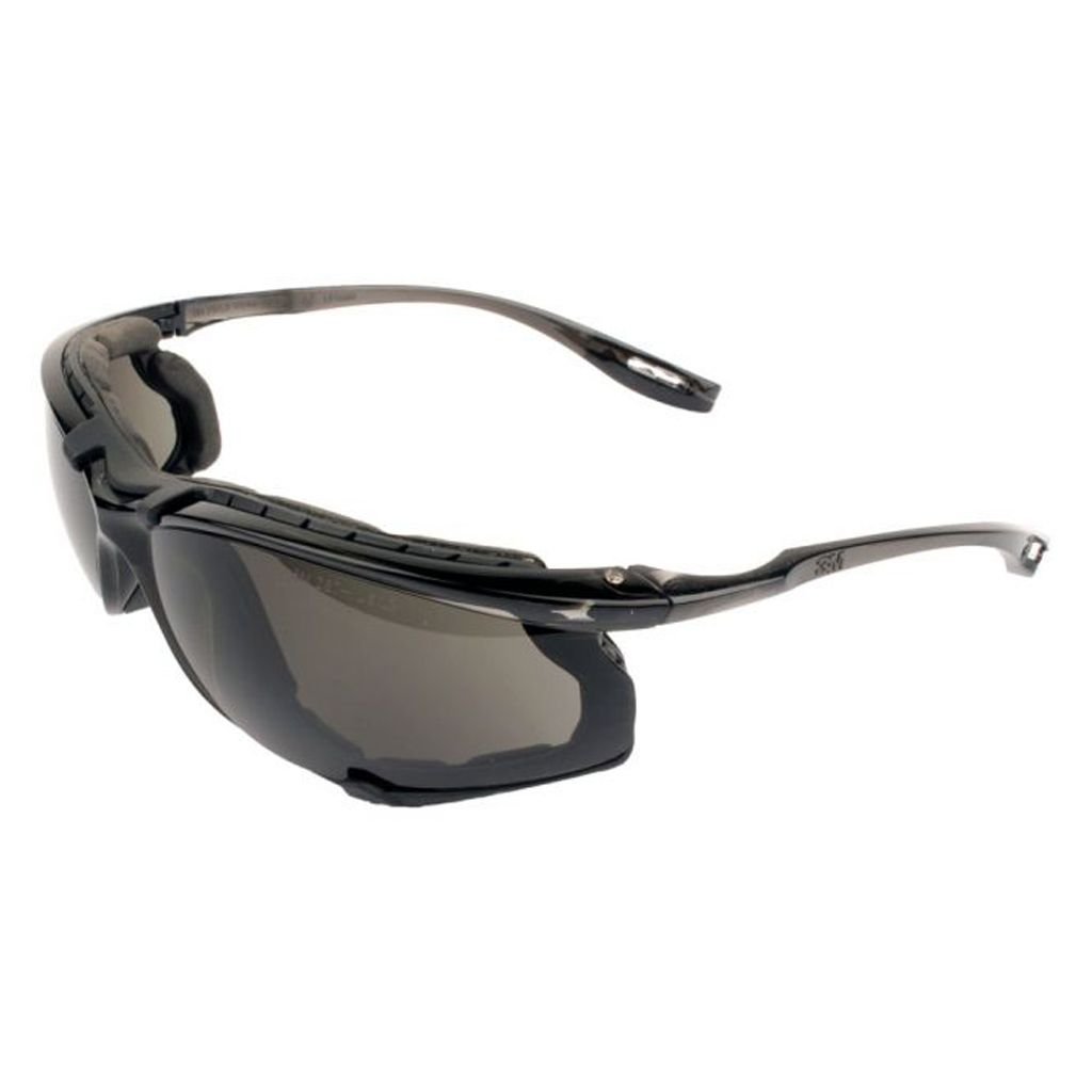 Left angle profile view of 3M protective eyewear showing the wrap around frame design and temple arm details