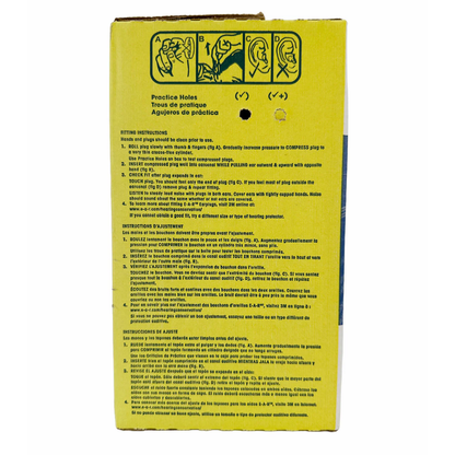 A loose pair of iconic bright yellow cylindrical 3M E-A-R Classic foam earplugs showcasing the textured, moisture-resistant PVC cell walls.