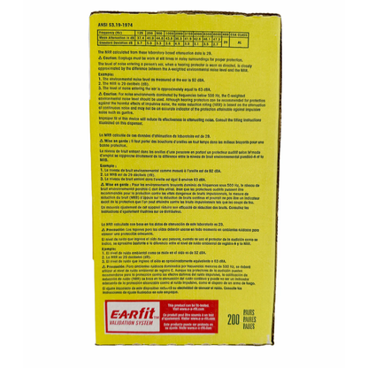 Side view of the 3M E-A-R Classic earplugs dispenser carton showing regulatory compliance markers, manufacturing details, and application warnings.