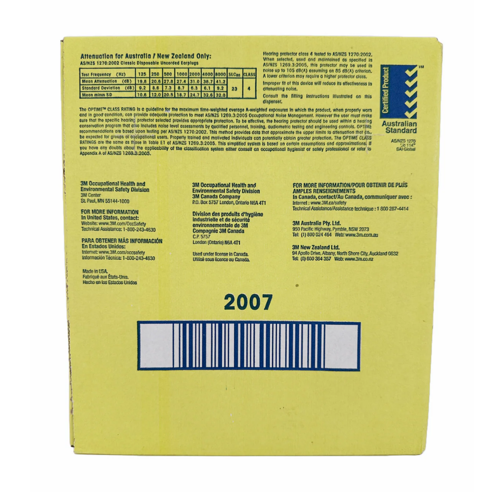 Technical details on the 3M box panel highlighting the certified 29 decibel Noise Reduction Rating (NRR) and safety standards.