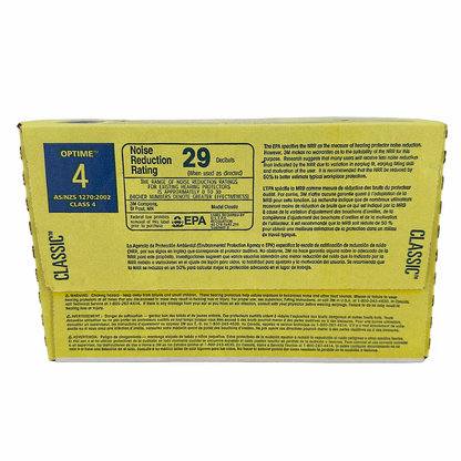 Close-up of the paper pillow-pack envelope for 3M E-A-R Classic uncorded earplugs, showing the green brand text, usage instructions, and safety warnings printed on the packaging.
