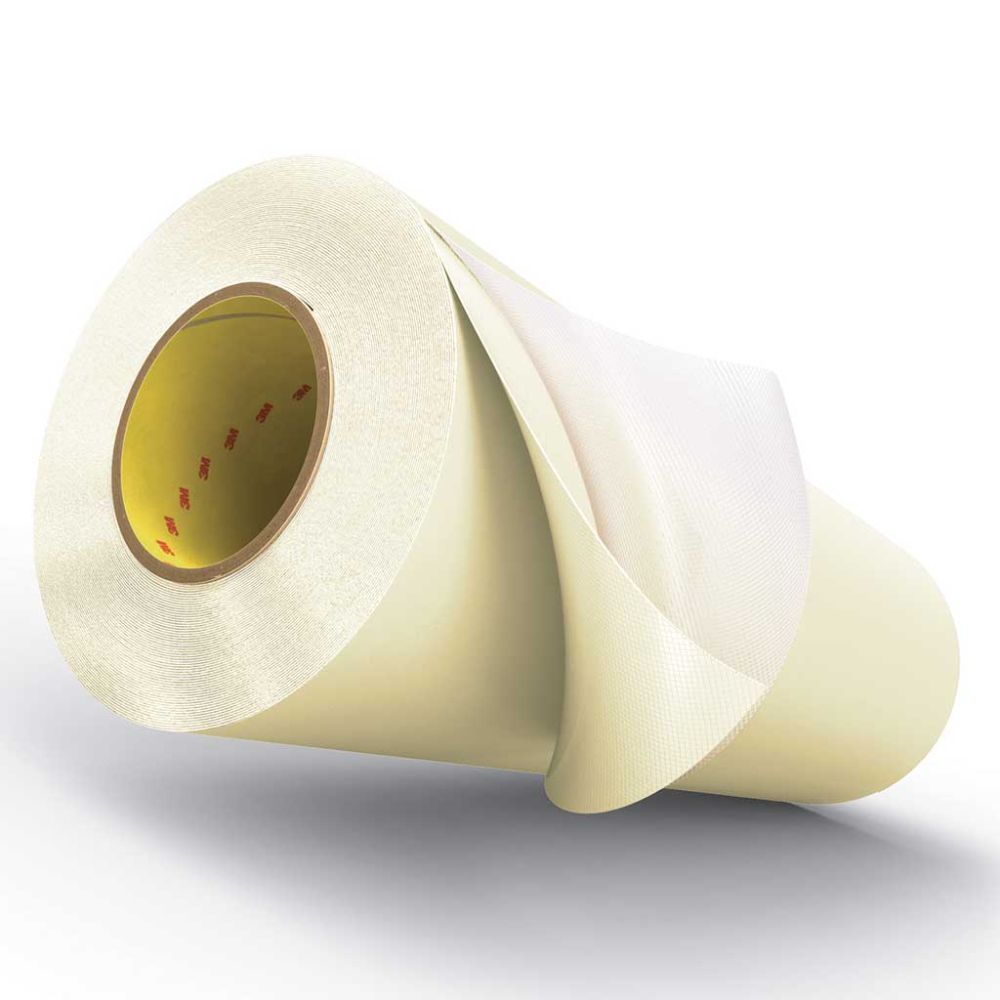 3M Cushion-Mount Plus double coated white plate mounting tape L1020 unrolled roll displaying liner texture on a white background