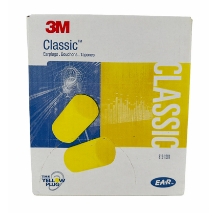 Front view of the official blue and white 3M E-A-R Classic 312-1201 uncorded earplugs dispenser box containing 200 pairs.