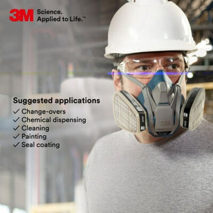 Worker wearing 3M half facepiece respirator with cartridge filters for painting chemical dispensing and cleaning applications
