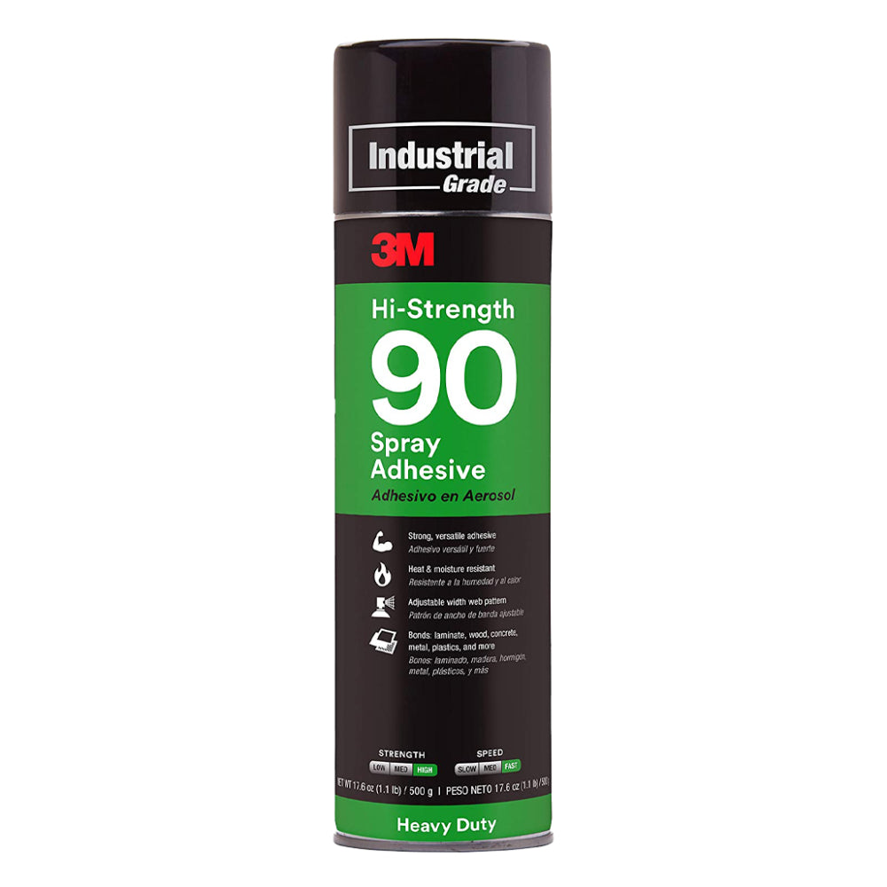 3M Hi-Strength 90 industrial grade heavy duty clear spray adhesive in a 17.6 oz 500g black and green aerosol can, high strength fast speed with adjustable web pattern, heat and moisture resistant, bonds laminate, wood, concrete, metal, and plastics