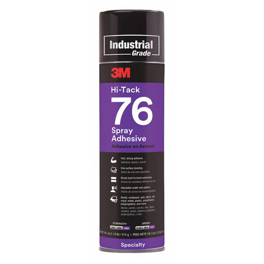 3M Hi-Tack 76 industrial grade specialty clear spray adhesive in an 18.1 oz 515g black and purple aerosol can, high strength fast speed one-surface bonding with adjustable web pattern, bonds cardboard, cork, fabric, felt, wood, metal, polyethylene, and polypropylene