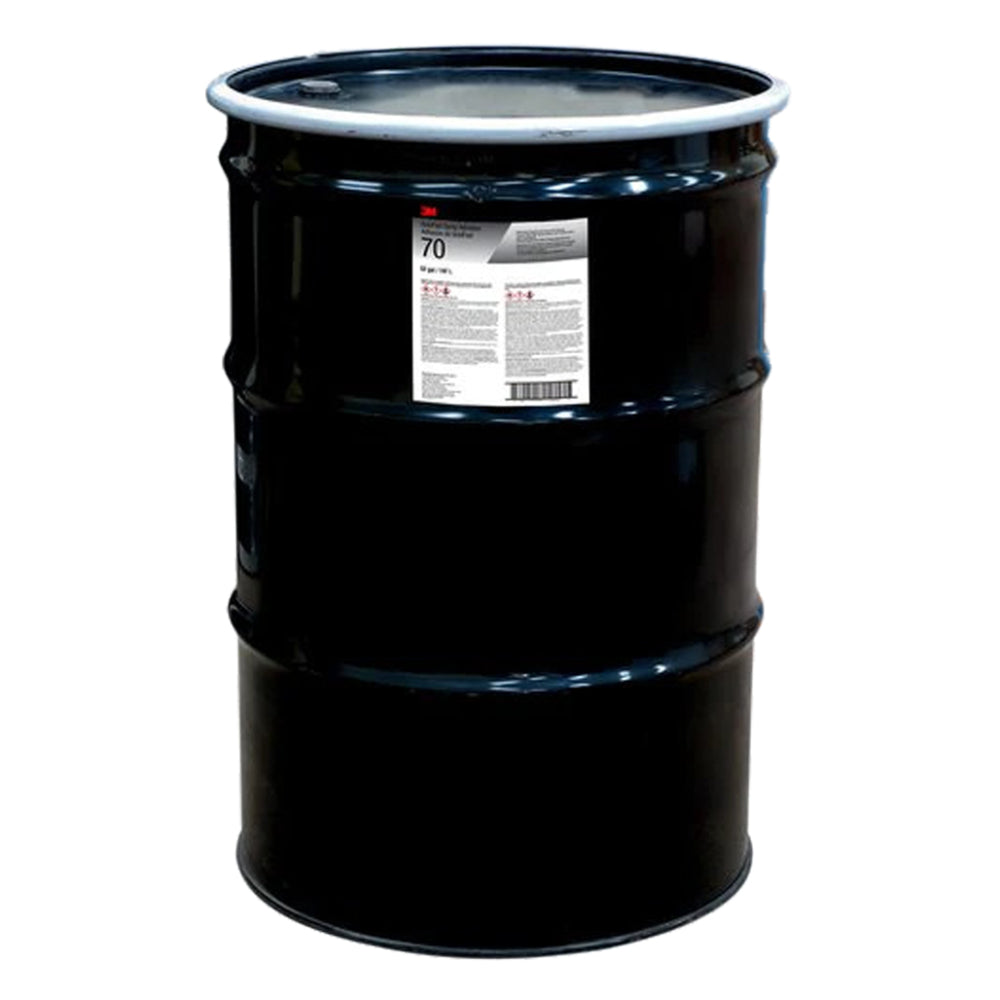 M Holdfast 70 clear spray adhesive in a 55 gallon 198 liter black steel industrial drum for high-volume commercial and industrial bonding applications
