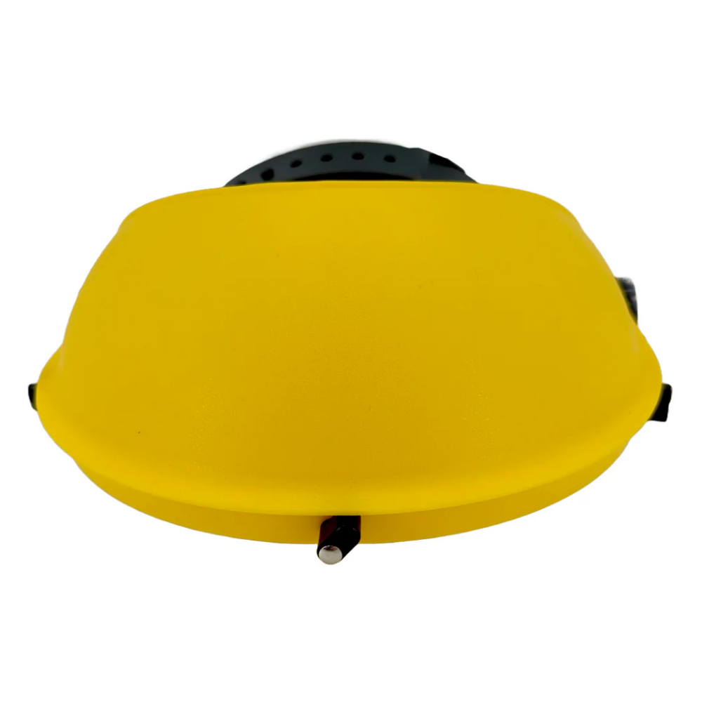 Fully assembled matte black 3M Peltor metal mesh faceshield V1A-10 attached to an adjustable yellow LEO ratchet headgear system.