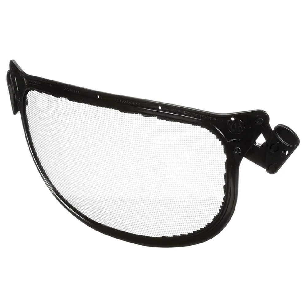 Three-quarter left view of the 3M Peltor metal mesh visor showing the durable frame and hard hat link mechanism.