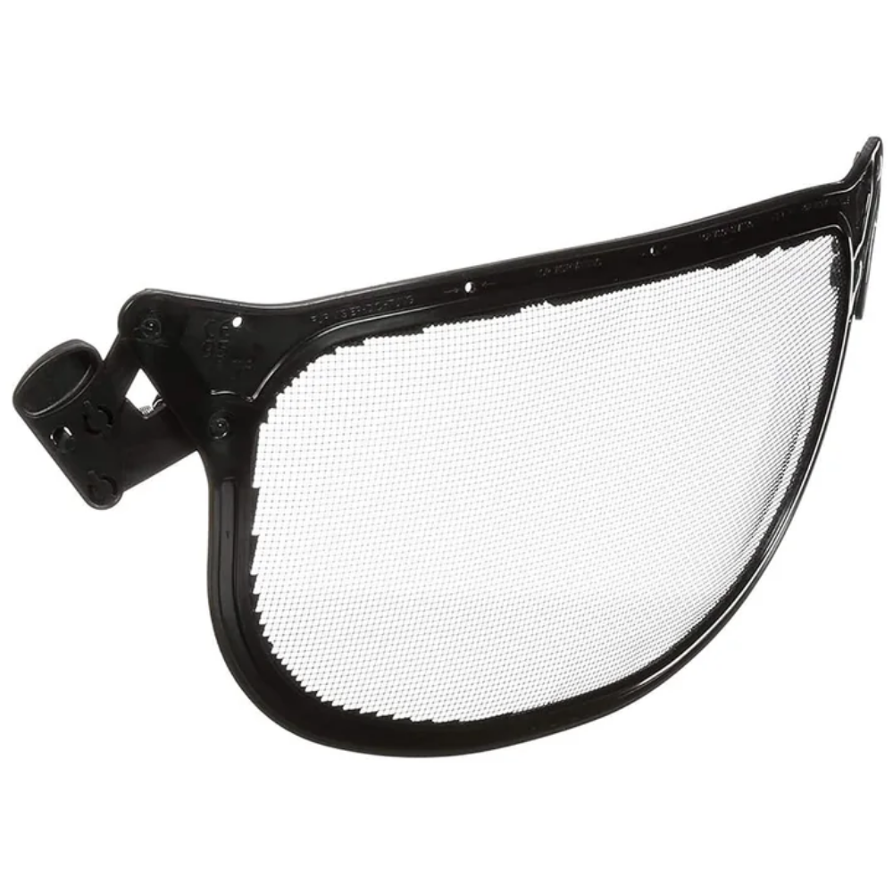 Three-quarter right view of the matte black 3M Peltor V1A-10 industrial steel mesh faceshield for forestry safety