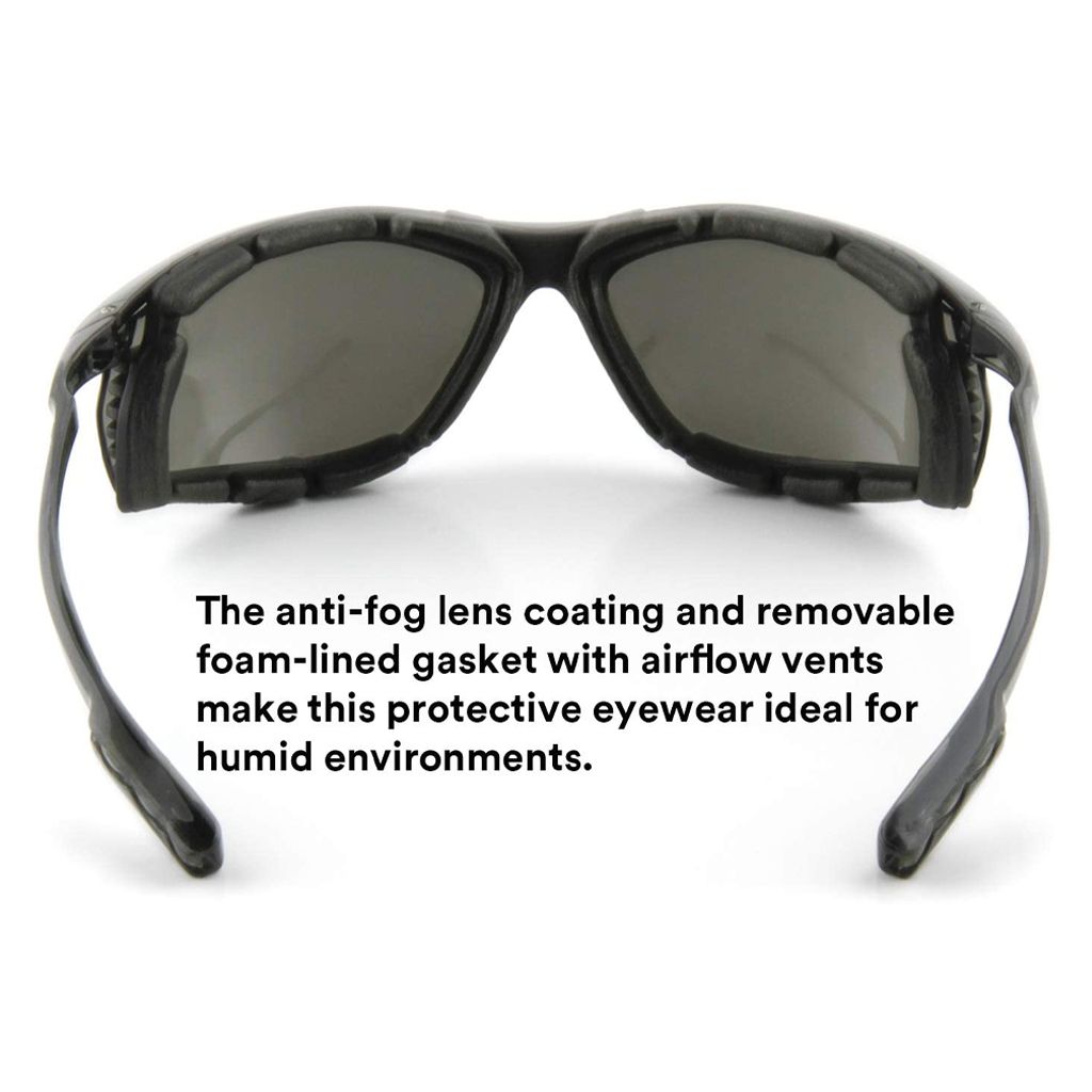 Interior view of 3M protective safety glasses highlighting the removable foam lined gasket with built in airflow vents