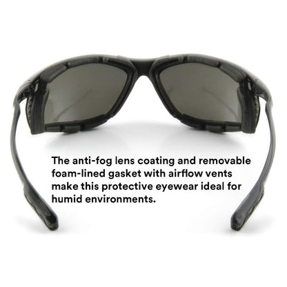 Interior view of 3M protective safety glasses highlighting the removable foam lined gasket with built in airflow vents
