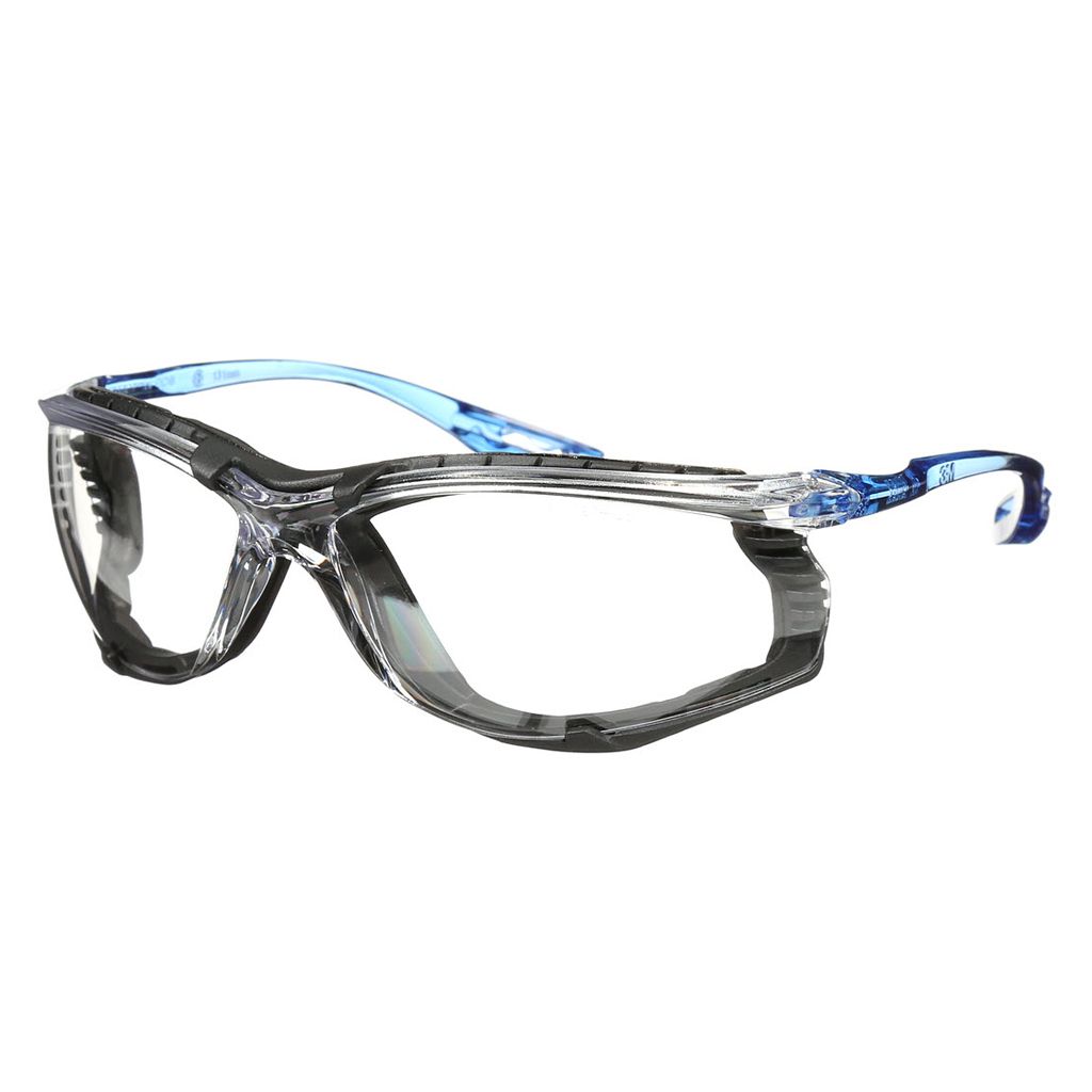 Three quarter side view of 3M protective eyewear with clear wrap around lenses and stylish blue accents on the frame