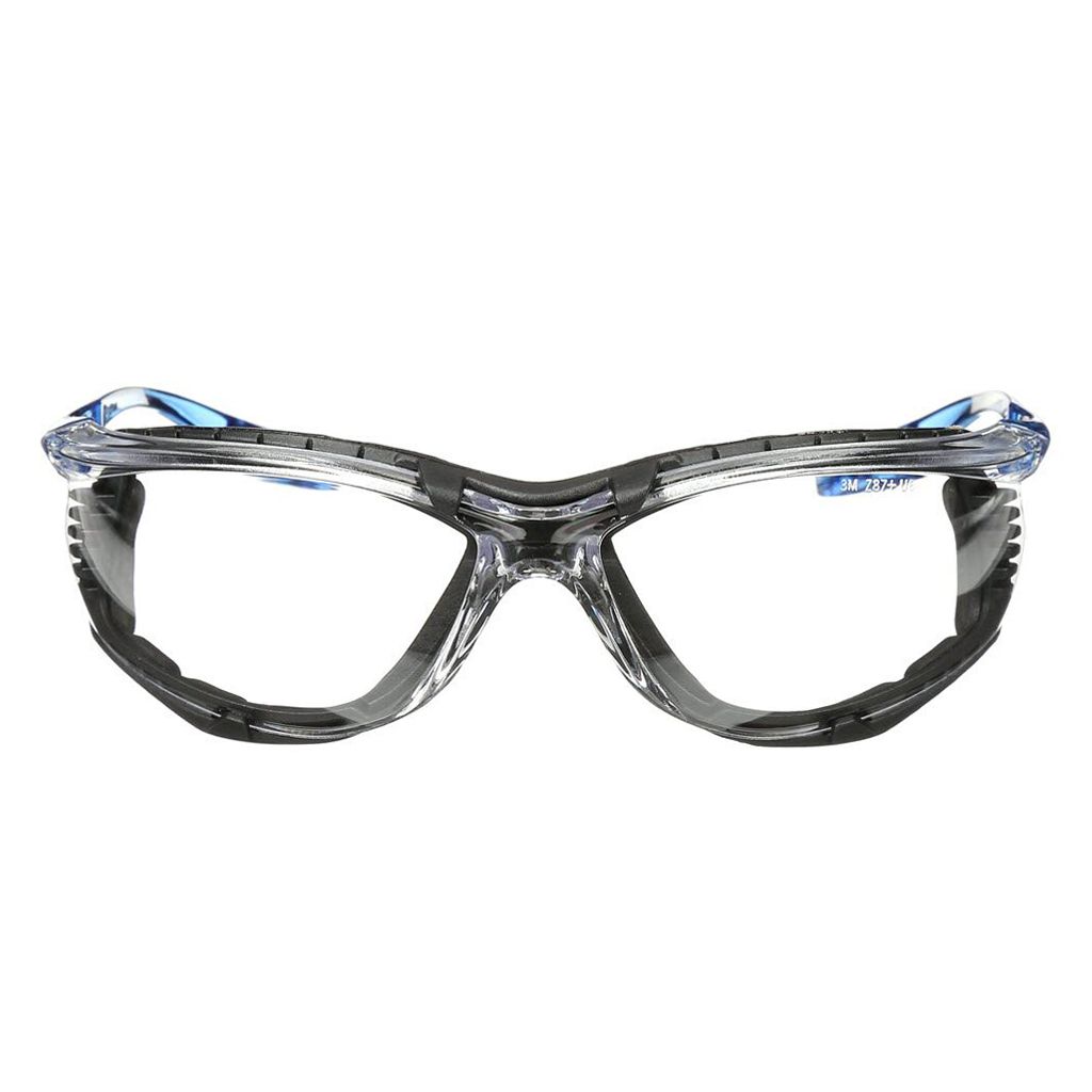 Front profile view of 3M safety glasses featuring clear anti fog lenses and a protective dust sealing inner gasket