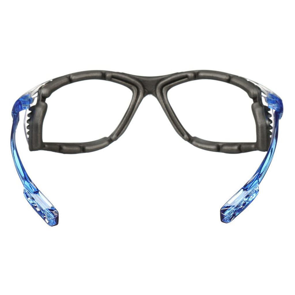 Interior view of 3M protective safety glasses showing the black foam gasket lining and translucent blue temple arms