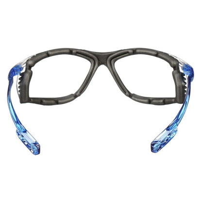 Interior view of 3M protective safety glasses showing the black foam gasket lining and translucent blue temple arms