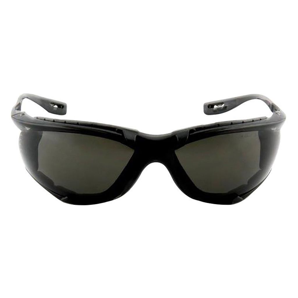 Front view of black framed 3M safety glasses with dark anti fog tinted lenses on a seamless white background