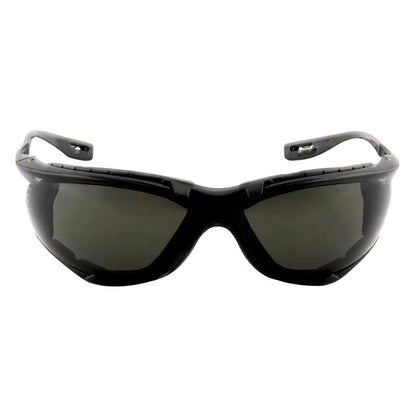 Front view of black framed 3M safety glasses with dark anti fog tinted lenses on a seamless white background