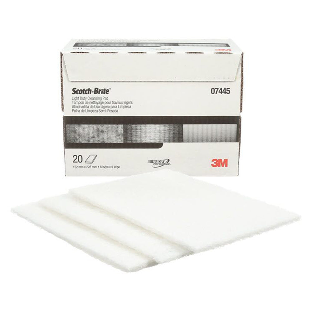 3M Scotch-Brite 07445 white light duty cleansing pads 6 x 9 inch 152mm x 228mm shown with retail box of 20 pads for gentle cleaning polishing and swirl-free finishing on automotive painted surfaces and delicate materials