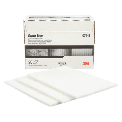 3M Scotch-Brite 07445 white light duty cleansing pads 6 x 9 inch 152mm x 228mm shown with retail box of 20 pads for gentle cleaning polishing and swirl-free finishing on automotive painted surfaces and delicate materials