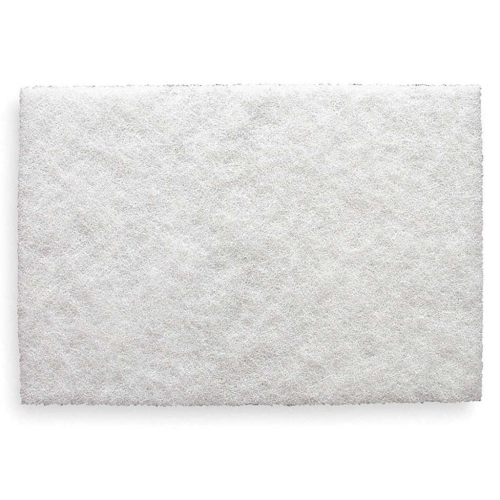 Close-up of 3M Scotch-Brite 07445 white light duty non-woven cleansing hand pad 6 x 9 inch showing ultra-fine soft fibrous texture for gentle cleaning polishing and finishing on delicate surfaces