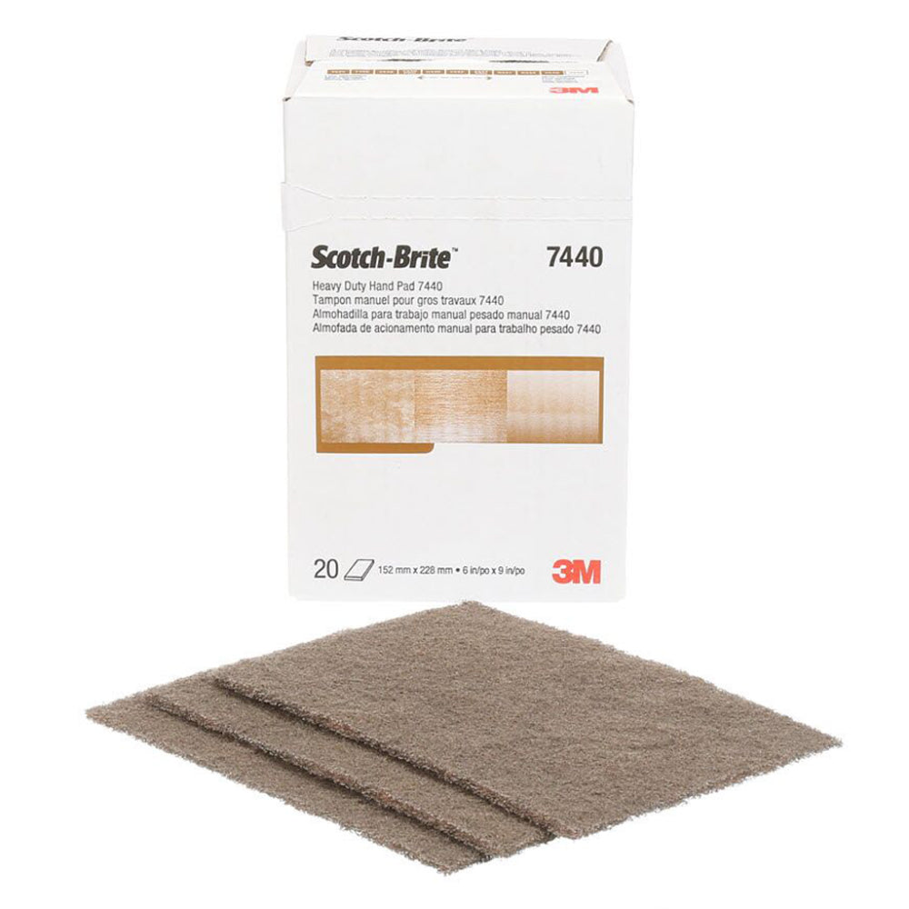 3M Scotch-Brite 7440 tan heavy duty non-woven hand pads 6 x 9 inch 152mm x 228mm shown with retail box of 20 pads for aggressive surface preparation stripping paint removal and cleaning on metal and wood