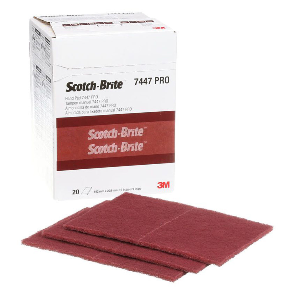 3M Scotch-Brite 7447 PRO maroon general purpose non-woven hand pads 6 x 9 inch 152mm x 228mm shown with retail box of 20 pads for surface preparation scuffing cleaning and finishing on metal wood and painted surfaces