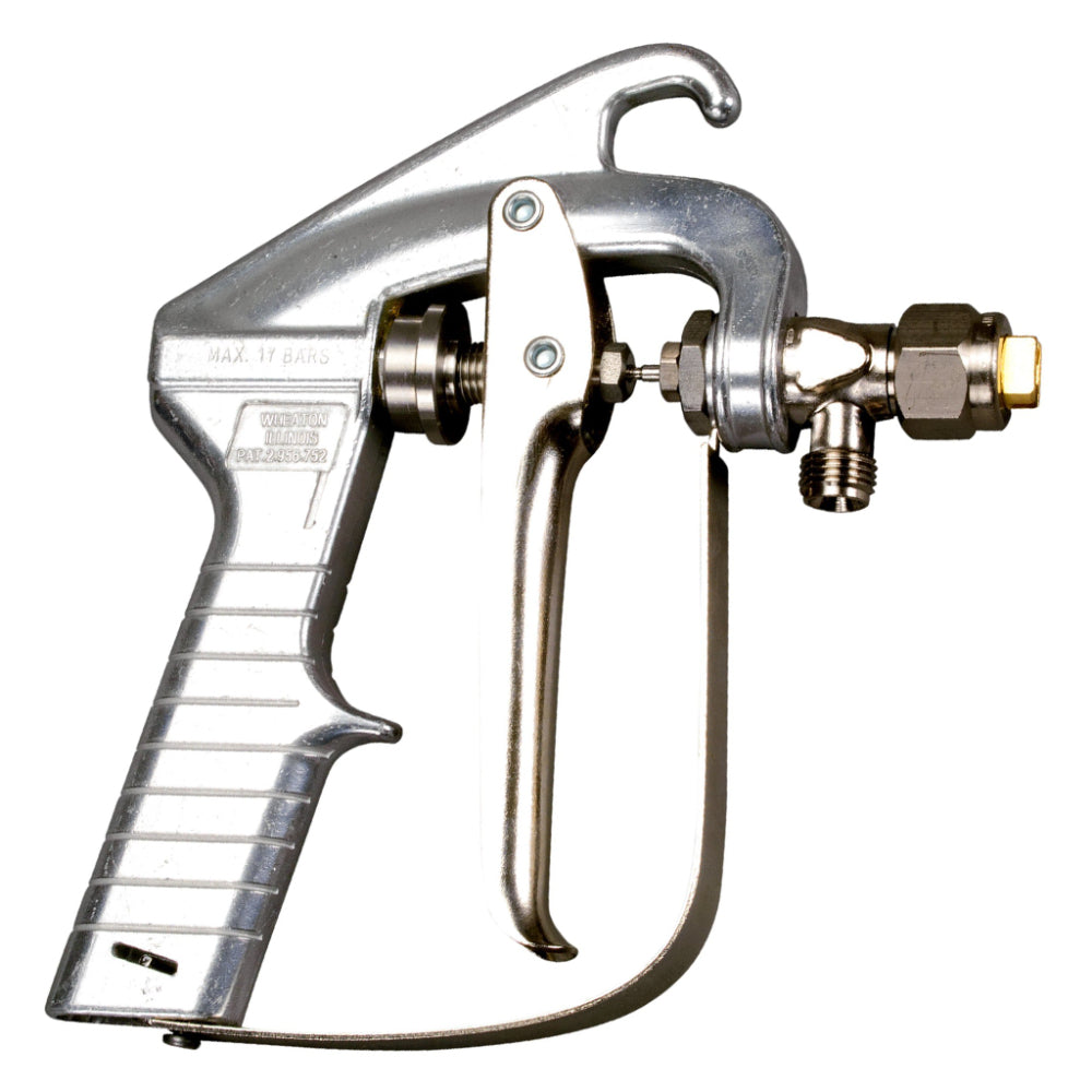 Angled view of 3M Scotch-Weld standard output cylinder adhesive applicator gun marked Max 17 Bars, manufactured in Wheaton Illinois, with brass nozzle assembly and metal trigger guard